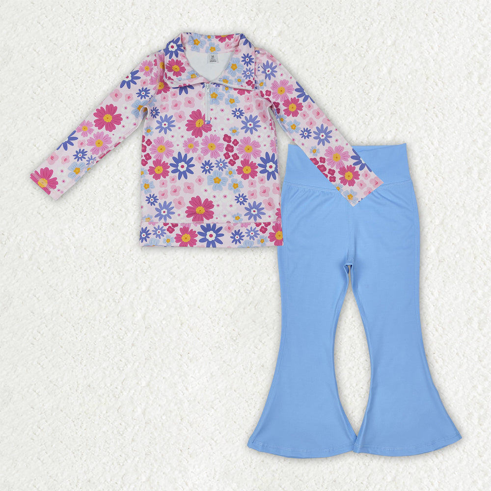 NO MOQ RTS GLP3274 Baby Girl Clothes Bright Multicolor Daisy Floral Print Long Sleeve Half Zip Top Solid Blue Flare Pant Set 202610
