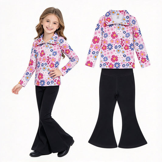 NO MOQ RTS GLP3275 Baby Girl Clothes Bright Multicolor Daisy Floral Print Long Sleeve Half Zip Top Solid Black Flare Pant Set 202610