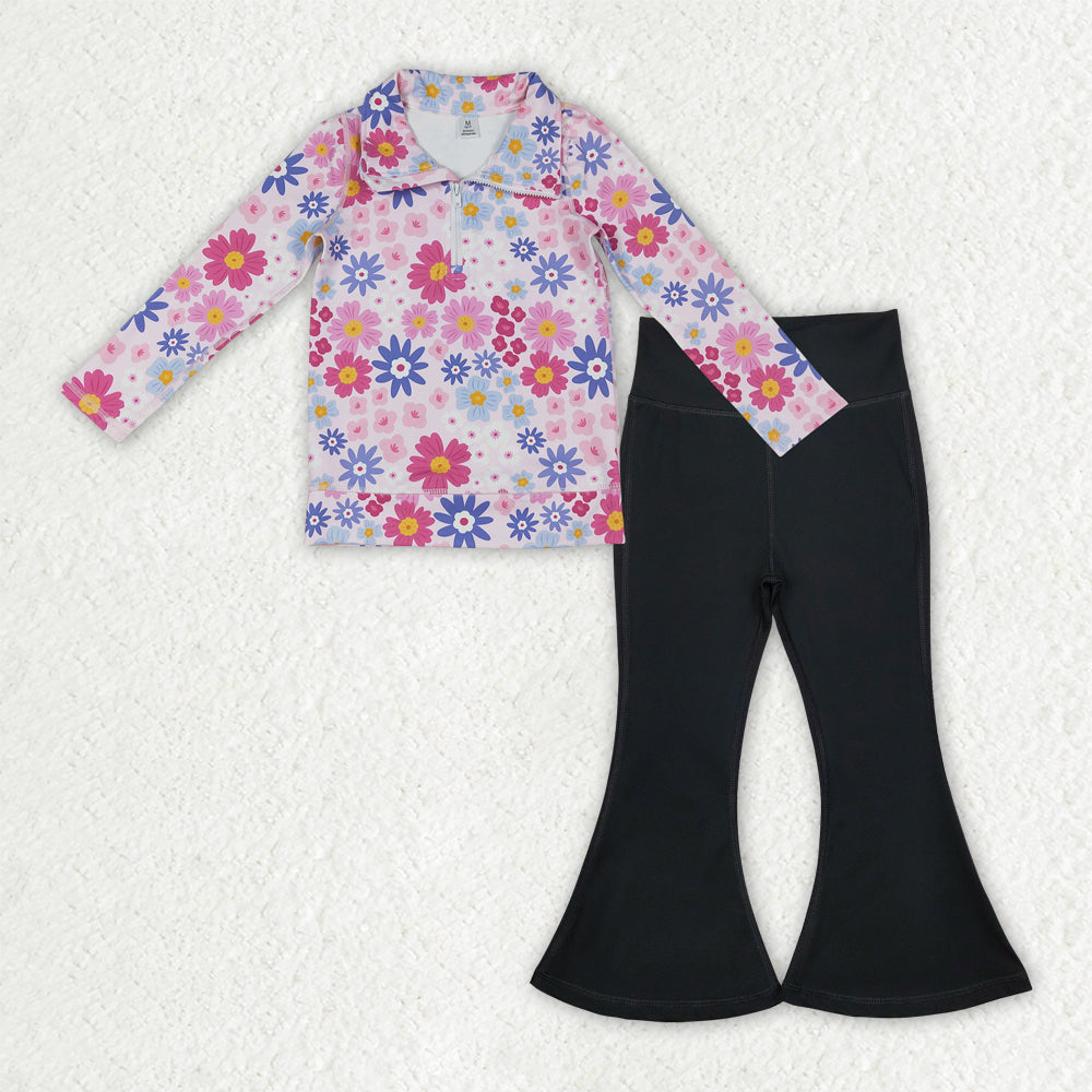 NO MOQ RTS GLP3275 Baby Girl Clothes Bright Multicolor Daisy Floral Print Long Sleeve Half Zip Top Solid Black Flare Pant Set 202610