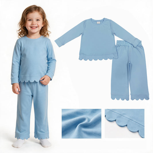GLP3292 Scallop solid Cotton blue Pajamas western girl outfit RTS 202608 RTS