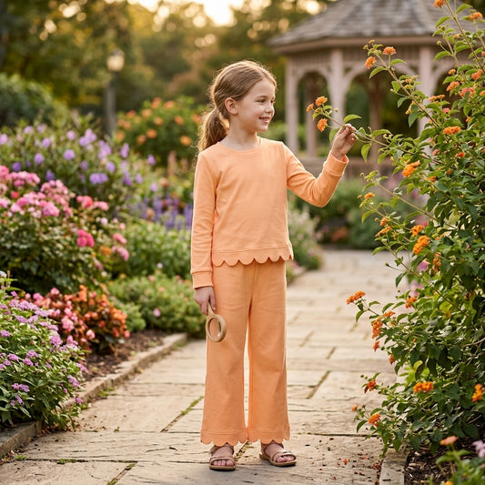 NO MOQ RTS GLP3295-scallop (2) Baby Girl Clothes Solid Orange Scalloped Trim Long Sleeve Top Wide Leg Pant Set 202610