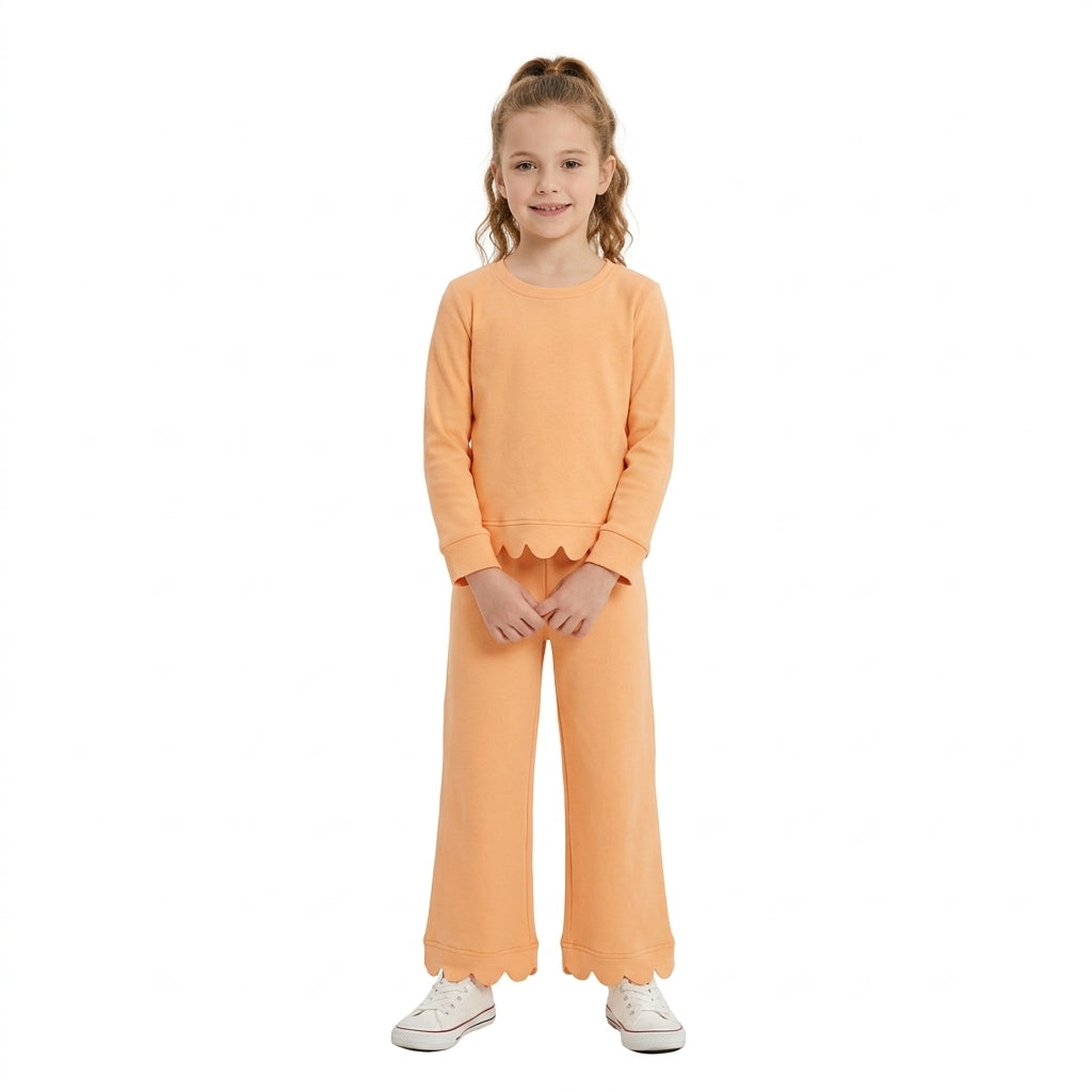 NO MOQ RTS GLP3295-scallop (2) Baby Girl Clothes Solid Orange Scalloped Trim Long Sleeve Top Wide Leg Pant Set 202610