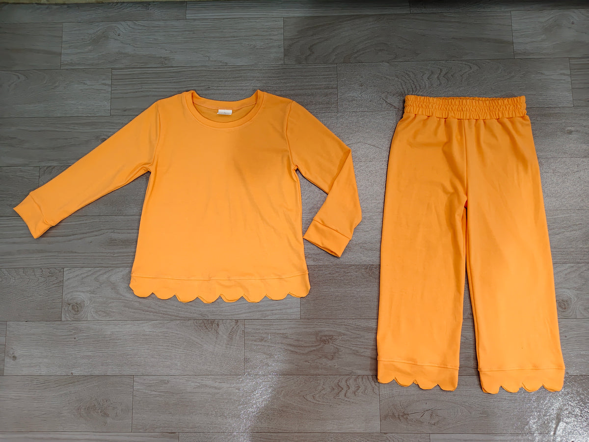 Sample-Real Pics GLP3295 Baby Girl Clothes Solid Orange Plain Scallop Hem Long Sleeve Wide Leg Pant Set