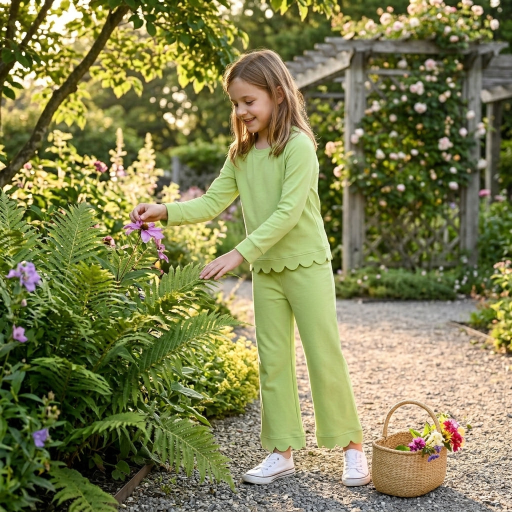 NO MOQ RTS GLP3296-scallop (2) Baby Girl Clothes Solid Light Green Scalloped Trim Long Sleeve Top Wide Leg Pant Set 202610