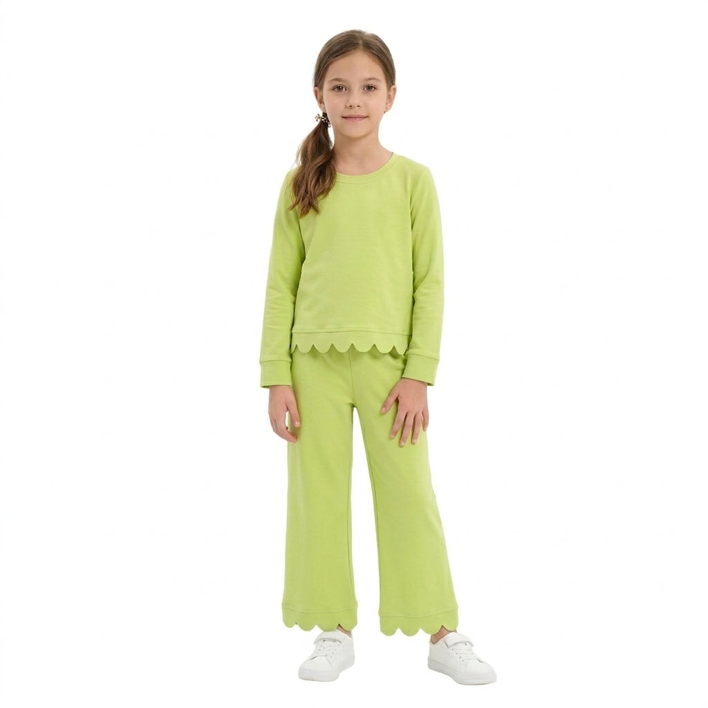 NO MOQ RTS GLP3296-scallop (2) Baby Girl Clothes Solid Light Green Scalloped Trim Long Sleeve Top Wide Leg Pant Set 202610
