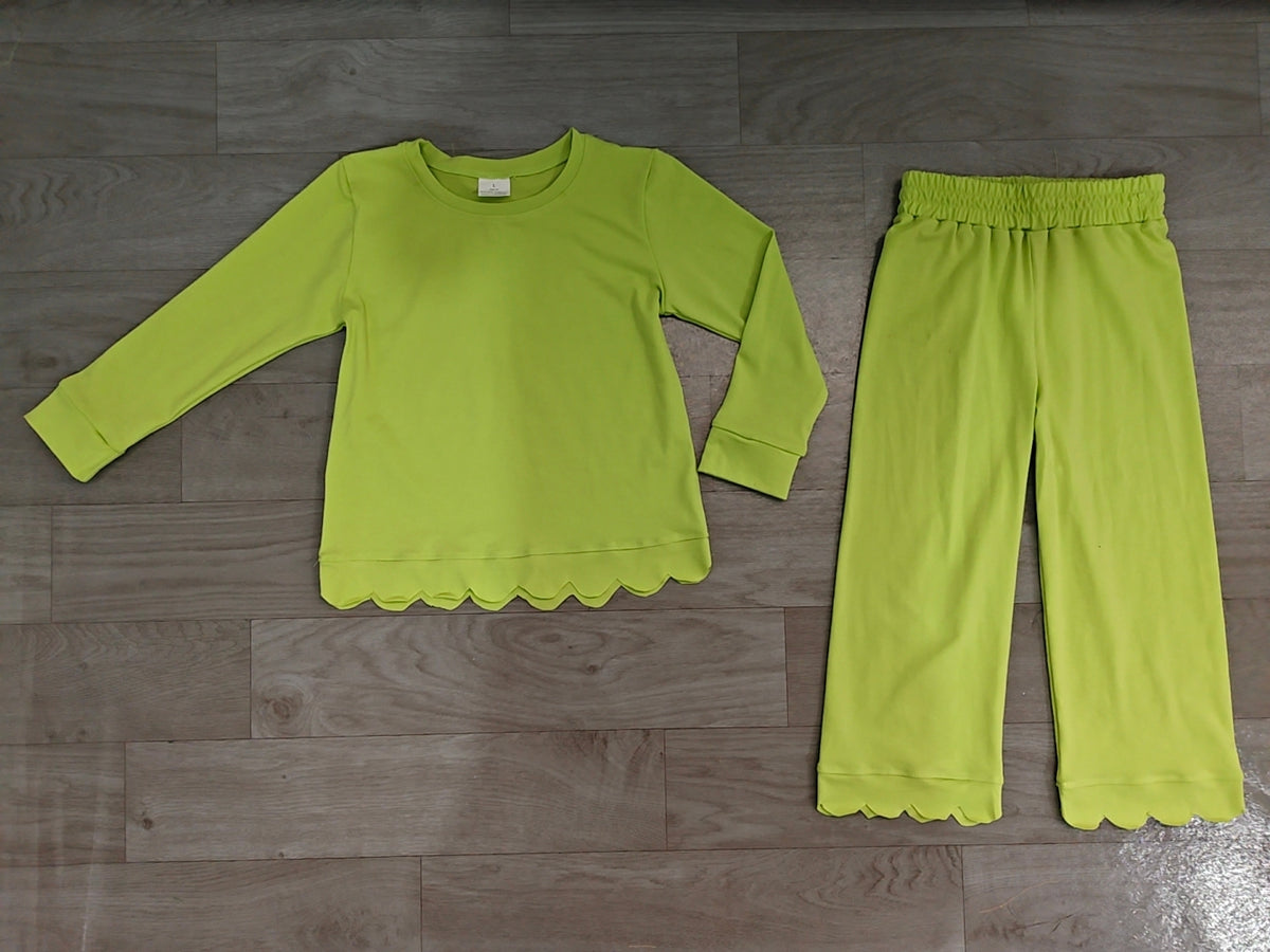 Sample-Real Pics GLP3296 Baby Girl Clothes Solid Lime Green Plain Scallop Hem Long Sleeve Wide Leg Pant Set