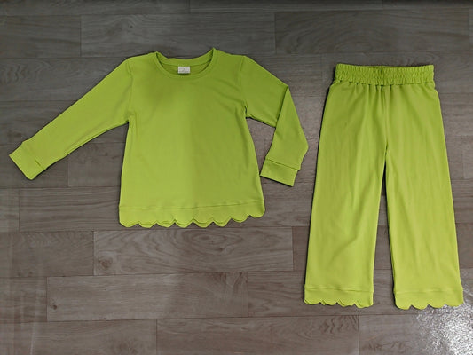 Sample-Real Pics GLP3296 Baby Girl Clothes Solid Lime Green Plain Scallop Hem Long Sleeve Wide Leg Pant Set