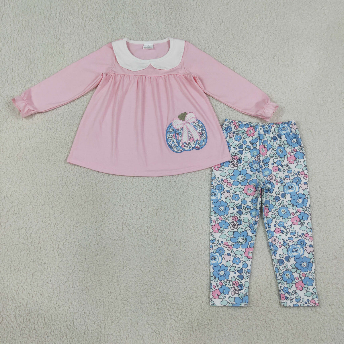 NO MOQ RTS GLP3319-embroidery Baby Girl Clothes Pink Peter Pan Collar Pumpkin Applique Top Floral Pants Set 202609