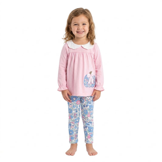 NO MOQ RTS GLP3319-embroidery Baby Girl Clothes Pink Peter Pan Collar Pumpkin Applique Top Floral Pants Set 202609