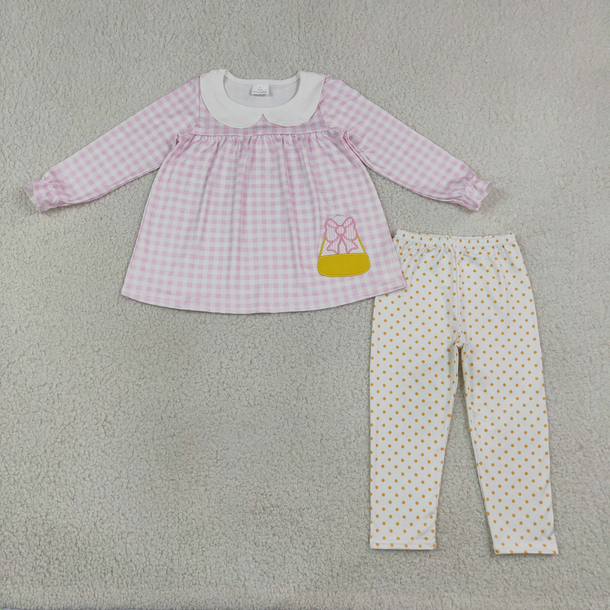 NO MOQ RTS GLP3320-embroidery Baby Girl Clothes Pink Gingham Peter Pan Collar Bow Bag Applique Long Sleeve Top Pants Set 202609