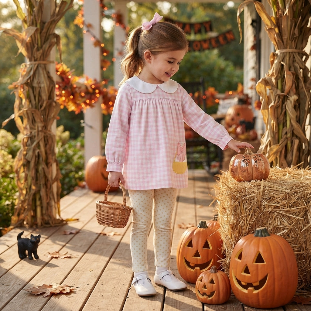 NO MOQ RTS GLP3320-embroidery Baby Girl Clothes Pink Gingham Peter Pan Collar Bow Bag Applique Long Sleeve Top Pants Set 202609