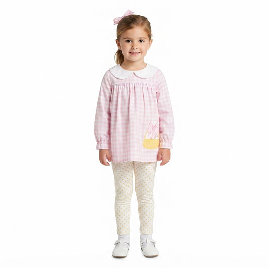 NO MOQ RTS GLP3320-embroidery Baby Girl Clothes Pink Gingham Peter Pan Collar Bow Bag Applique Long Sleeve Top Pants Set 202609