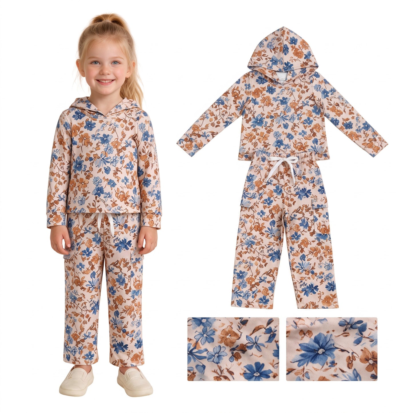 RTS GLP3323 Girls Woodland Floral Camo Hoodie & Pants Set – Zip/ Hooded Top with Matching Jogger Pants Outfit