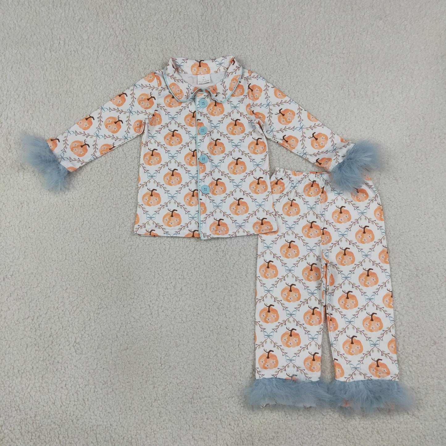 GLP3338 RTS Girls Fall 2‑Piece Pumpkin Print Pajama Set Long Sleeve Fur Trim Sleepwear 202608