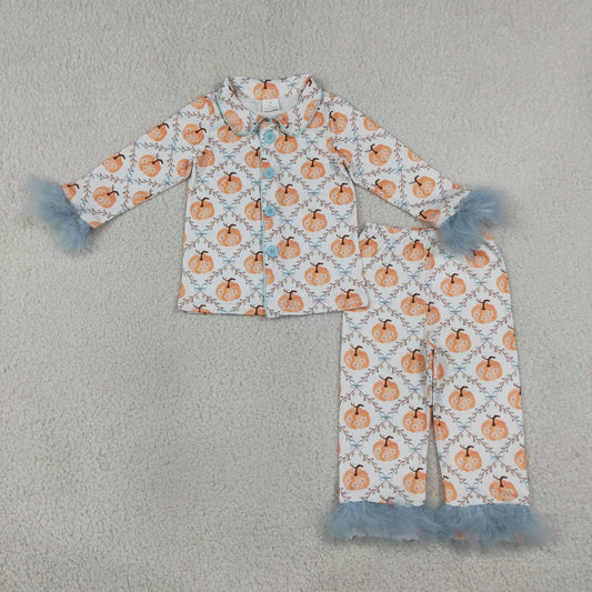 GLP3338 RTS Girls Fall 2‑Piece Pumpkin Print Feather Pajama Set Long Sleeve Fur Trim Sleepwear 202608