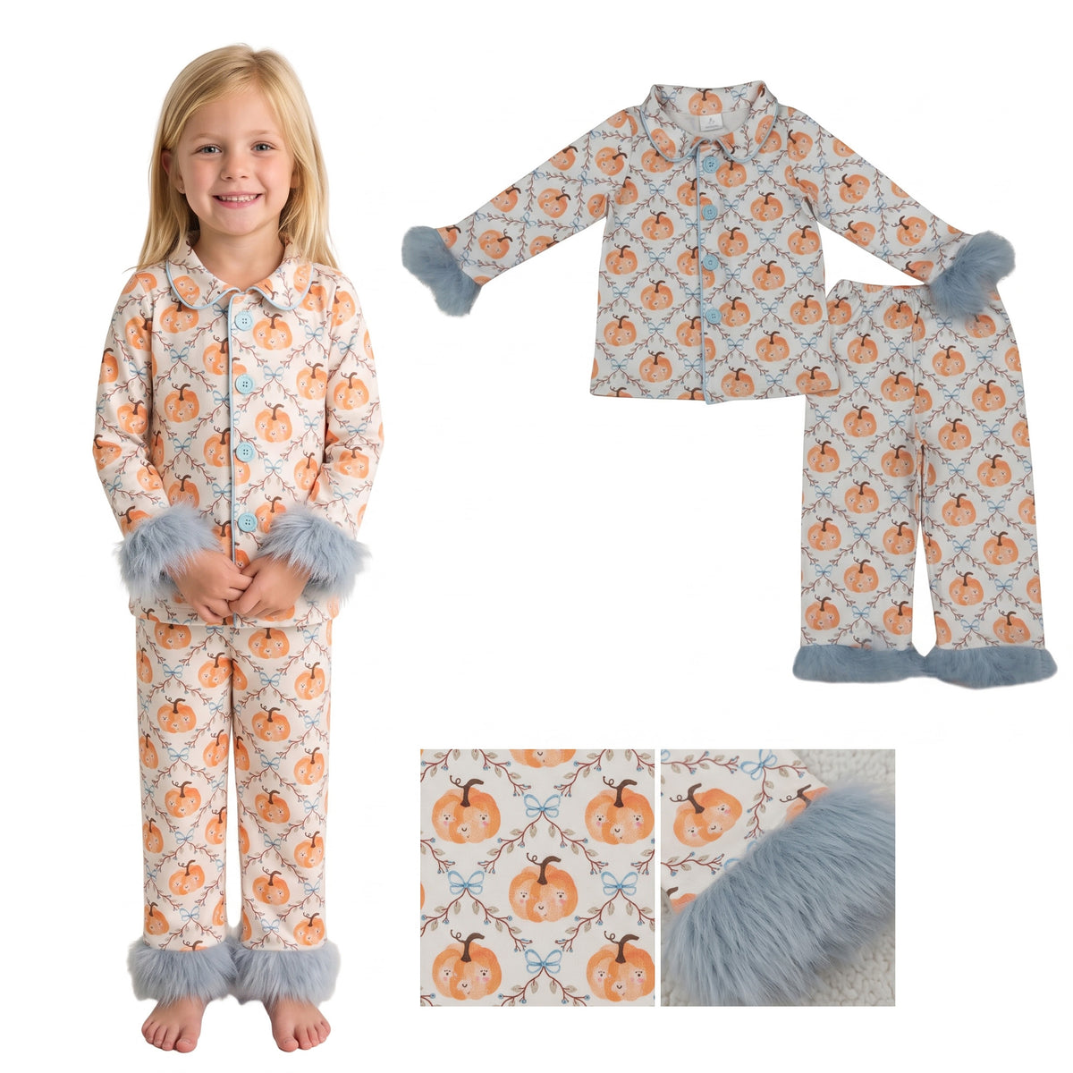 GLP3338 RTS Girls Fall 2‑Piece Pumpkin Print Feather Pajama Set Long Sleeve Fur Trim Sleepwear 202608