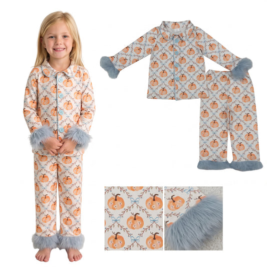 GLP3338 RTS Girls Fall 2‑Piece Pumpkin Print Feather Pajama Set Long Sleeve Fur Trim Sleepwear 202608