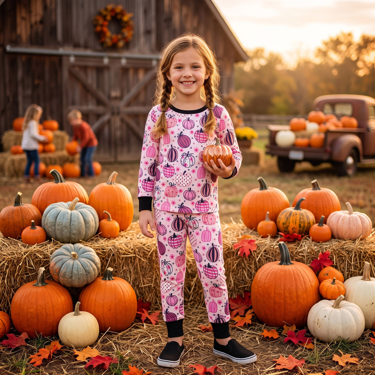 NO MOQ RTS GLP3357 Pink Pumpkin Kids Pajamas Halloween Fall 2Pcs Sleepwear girl outfit RTS