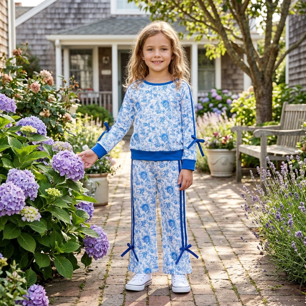NO MOQ RTS GLP3364 Baby Girl Clothes Blue Floral Vintage Print Long Sleeve Bow Top Wide Leg Pant Set 202609