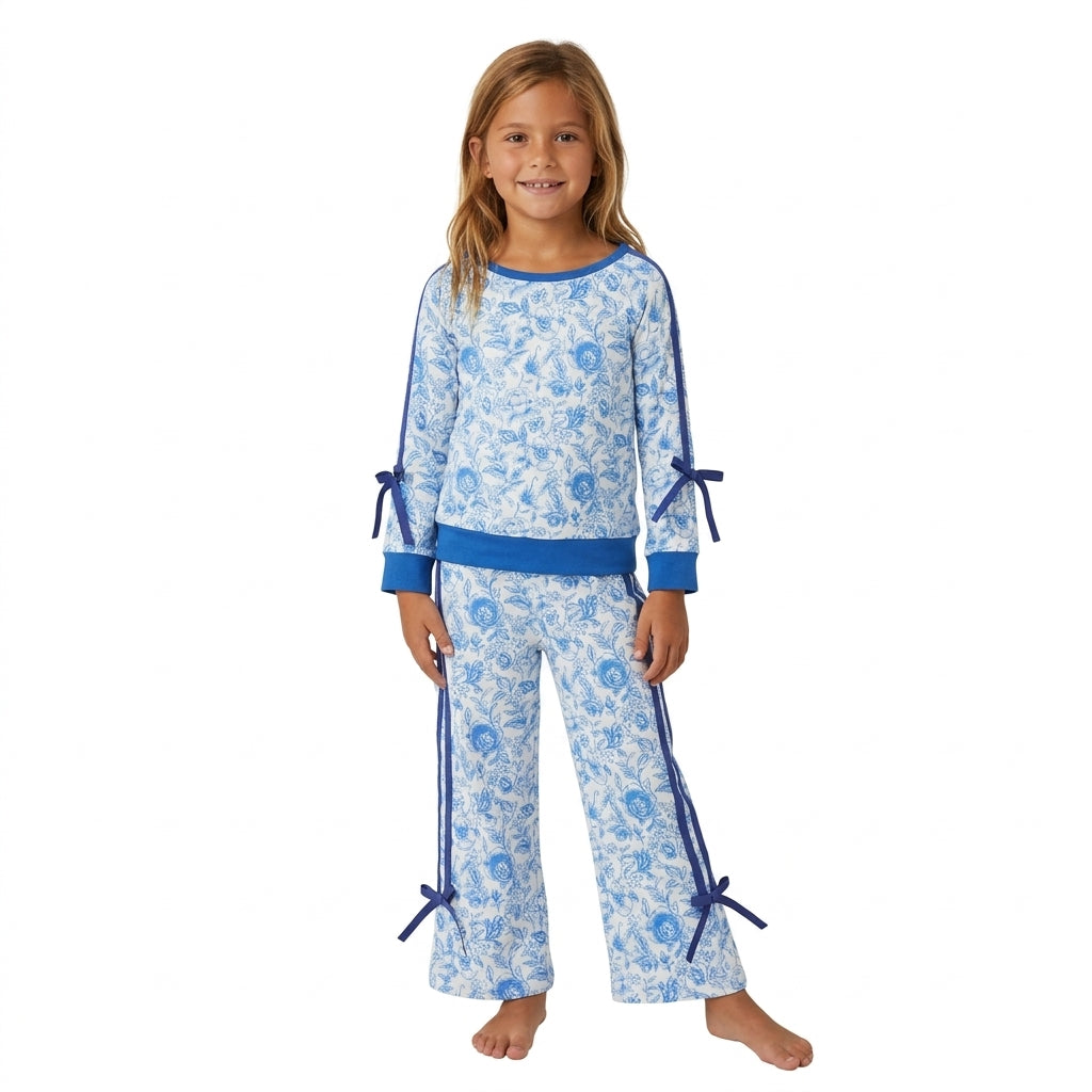 NO MOQ RTS GLP3364 Baby Girl Clothes Blue Floral Vintage Print Long Sleeve Bow Top Wide Leg Pant Set 202609