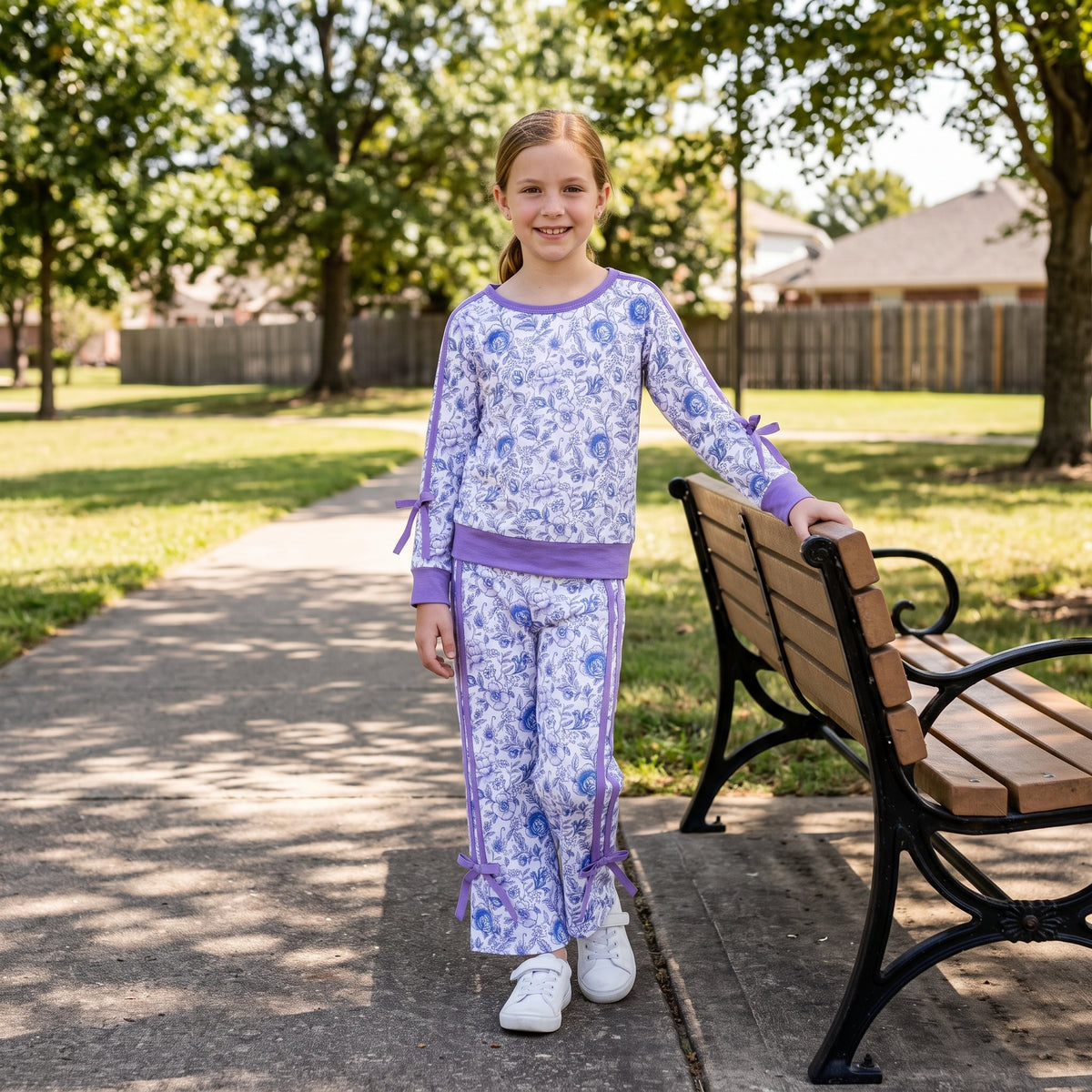 NO MOQ RTS GLP3365 Baby Girl Clothes Blue Floral Print Long Sleeve Bow Trim Outfit Set 202610