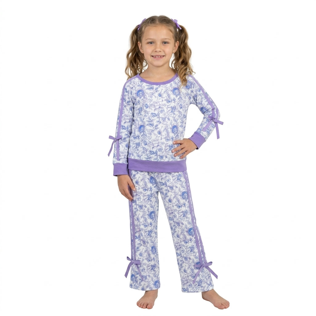 NO MOQ RTS GLP3365 Baby Girl Clothes Blue Floral Print Long Sleeve Bow Trim Outfit Set 202610