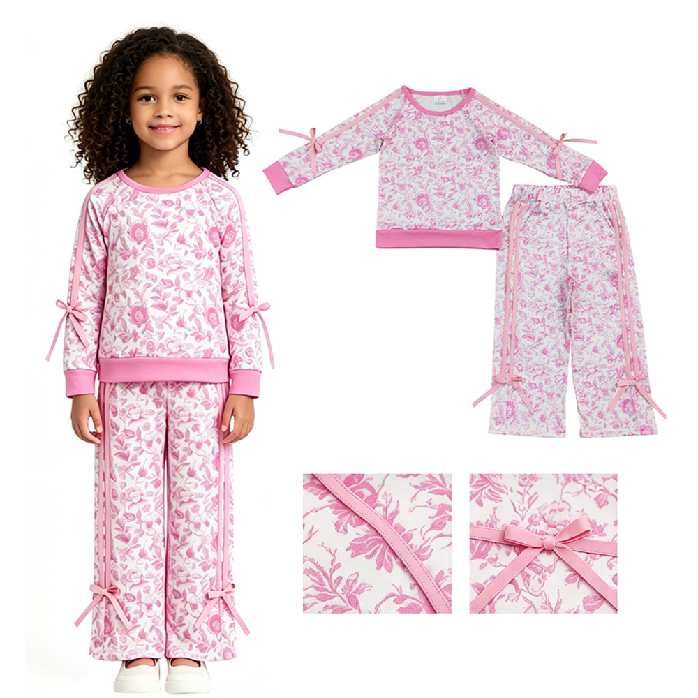 RTS GLP3366 Girls Pink Floral Bow Lounge Set, Wide Leg Sweatpants & Long Sleeve Top