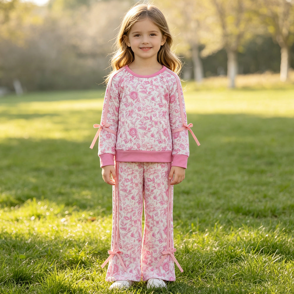 RTS GLP3366 Girls Pink Floral Bow Lounge Set, Wide Leg Sweatpants & Long Sleeve Top