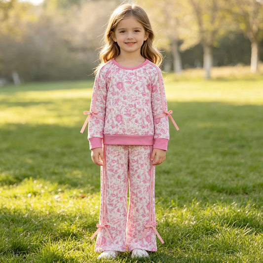 RTS GLP3366 Girls Pink Floral Bow Lounge Set, Wide Leg Sweatpants & Long Sleeve Top