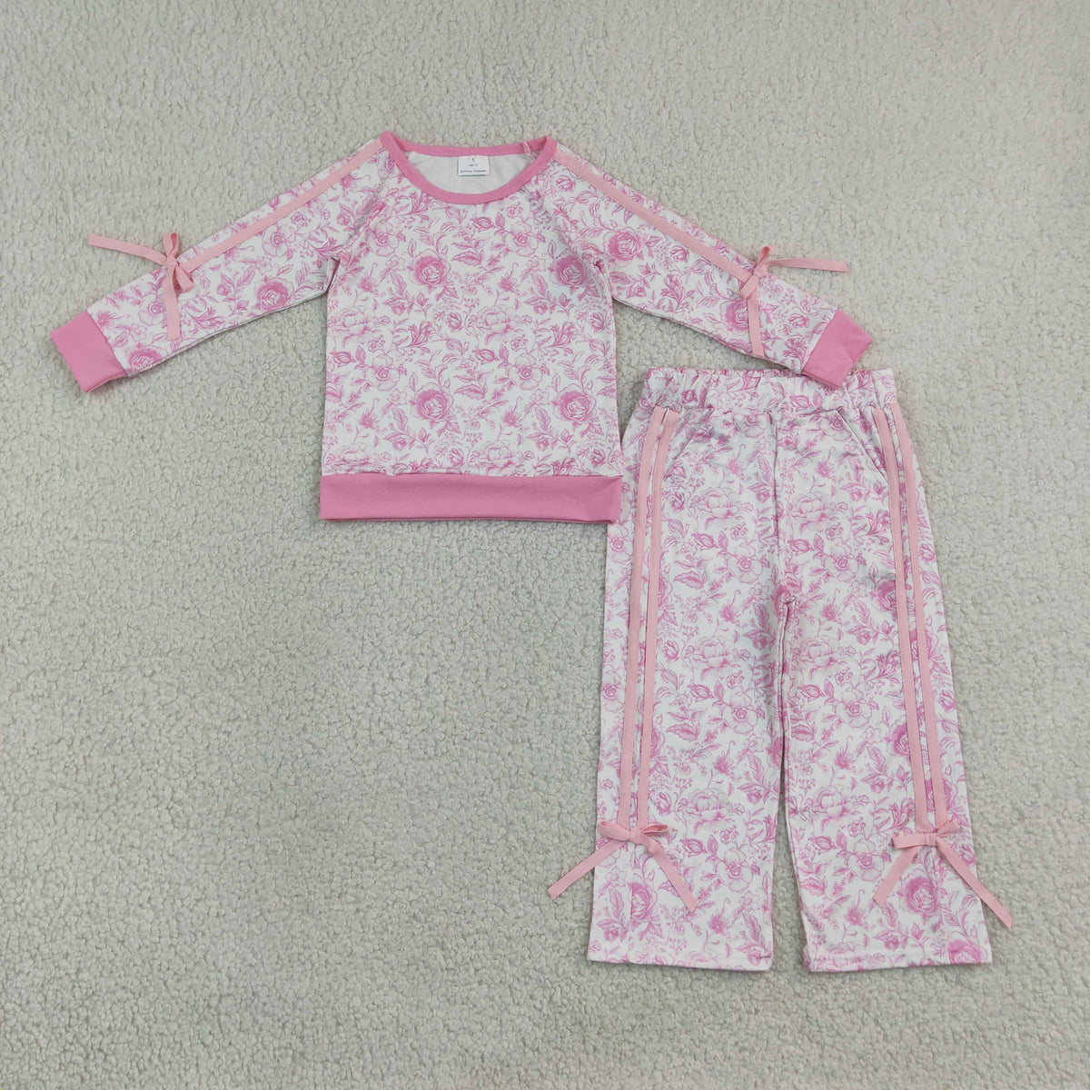 RTS GLP3366 Girls Pink Floral Bow Lounge Set, Wide Leg Sweatpants & Long Sleeve Top