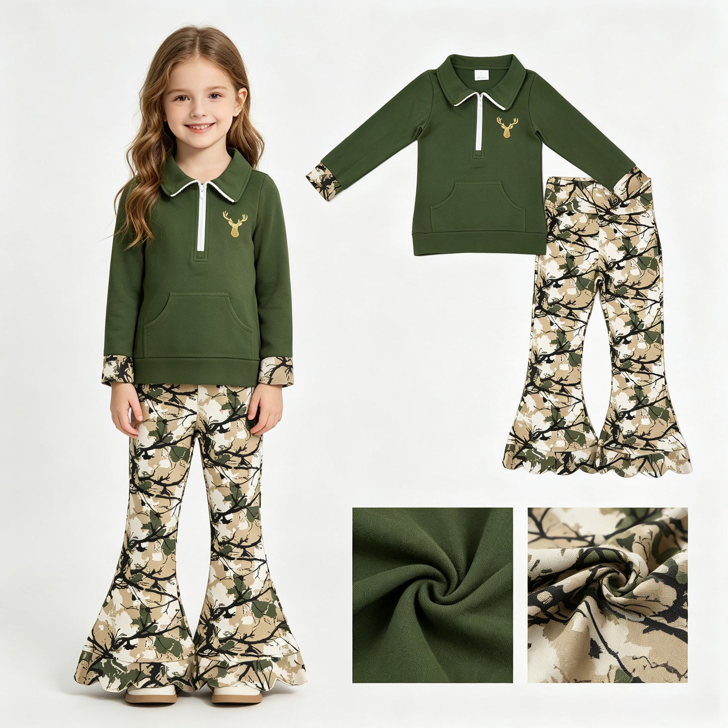 GLP3369 Embroidery branches leaves scallop zipper CAMO  western girl outfit RTS 202608 RTS