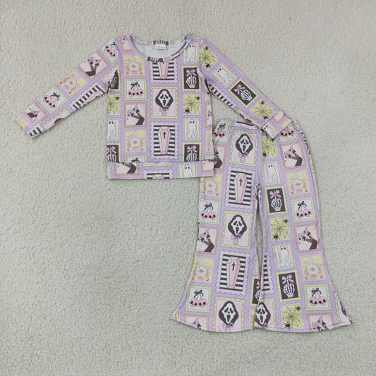 GLP3402 Girls Halloween boo purple Long Sleeve Flared Pant Set 202607 RTS