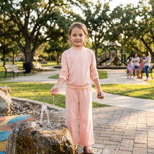 NO MOQ RTS GLP3410 Baby Girl Clothes Solid Peach Print Long Sleeve Mock Neck Top Wide Leg Pant Set 202609