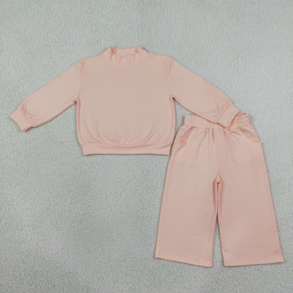 NO MOQ RTS GLP3410 Baby Girl Clothes Solid Peach Print Long Sleeve Mock Neck Top Wide Leg Pant Set 202609
