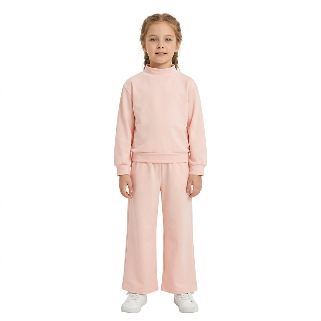 NO MOQ RTS GLP3410 Baby Girl Clothes Solid Peach Print Long Sleeve Mock Neck Top Wide Leg Pant Set 202609