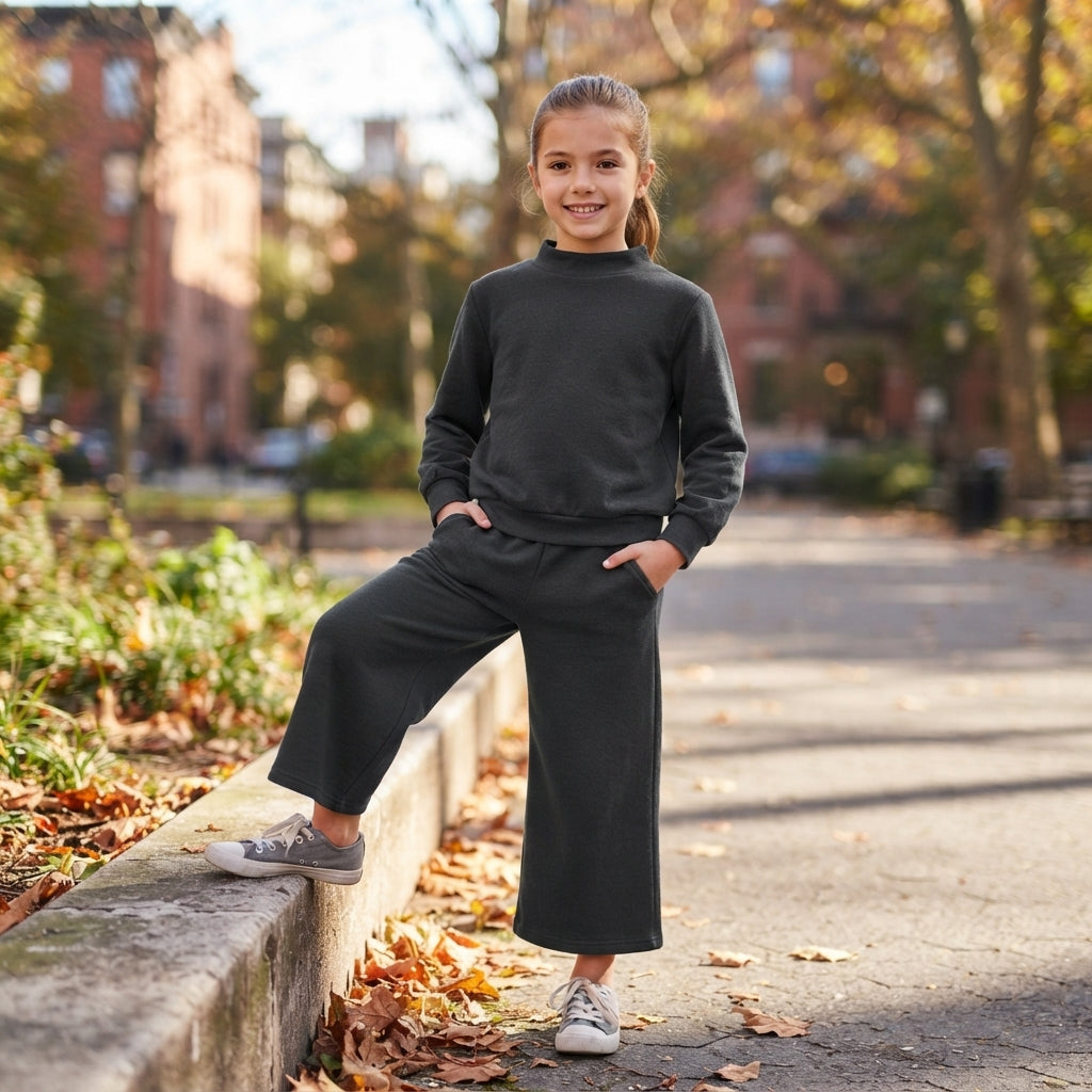 NO MOQ RTS GLP3411 (2) Baby Girl Clothes Solid Black Plain Print Long Sleeve Mock Neck Top Wide Leg Pant Set 202609