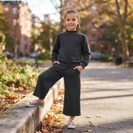 NO MOQ RTS GLP3411 (2) Baby Girl Clothes Solid Black Plain Print Long Sleeve Mock Neck Top Wide Leg Pant Set 202609