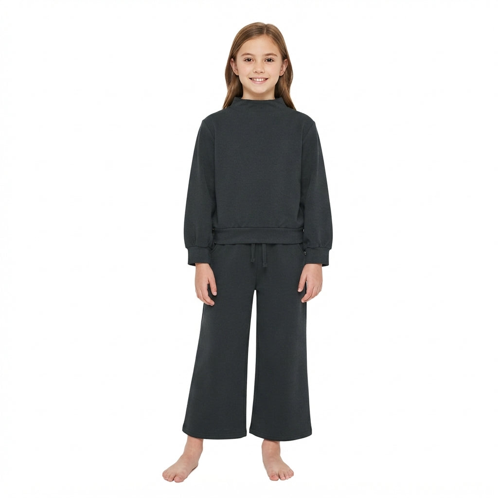 NO MOQ RTS GLP3411 (2) Baby Girl Clothes Solid Black Plain Print Long Sleeve Mock Neck Top Wide Leg Pant Set 202609