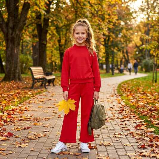 NO MOQ RTS GLP3412 (2) Baby Girl Clothes Solid Red Plain Print Long Sleeve Mock Neck Top Cropped Pants Outfit Set 202609