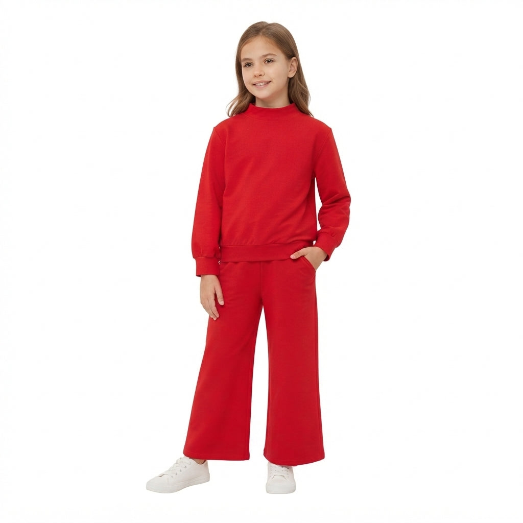 NO MOQ RTS GLP3412 (2) Baby Girl Clothes Solid Red Plain Print Long Sleeve Mock Neck Top Cropped Pants Outfit Set 202609