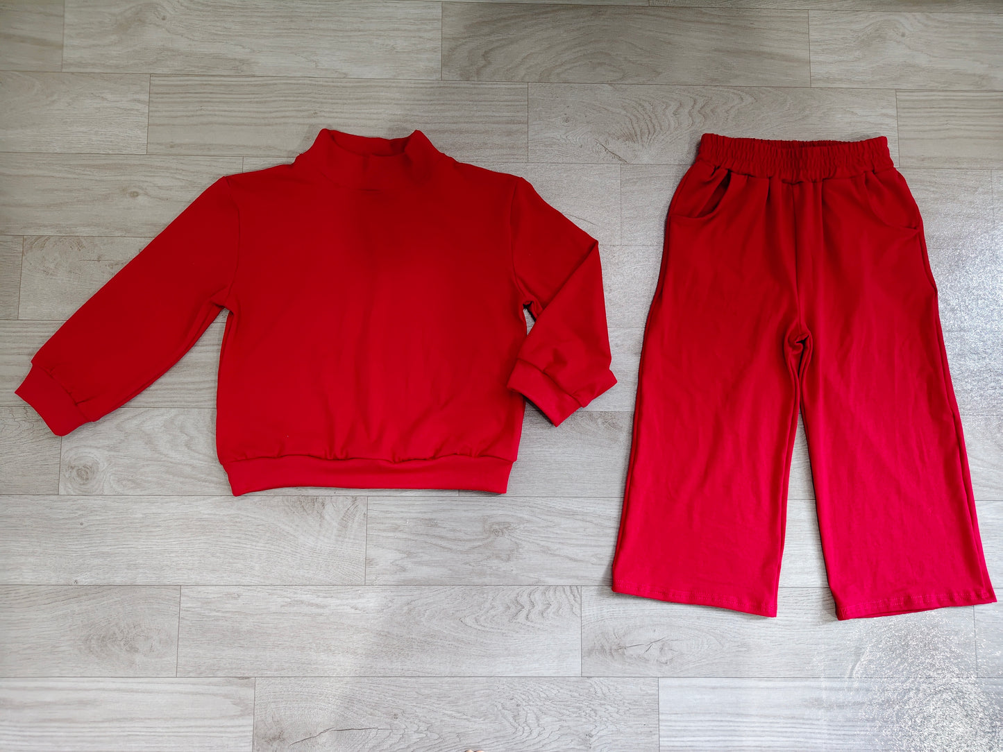 RTS GLP3413 Solid Red Mock Neck Long Sleeve Top Wide Leg Pants Girls Outfit 202608