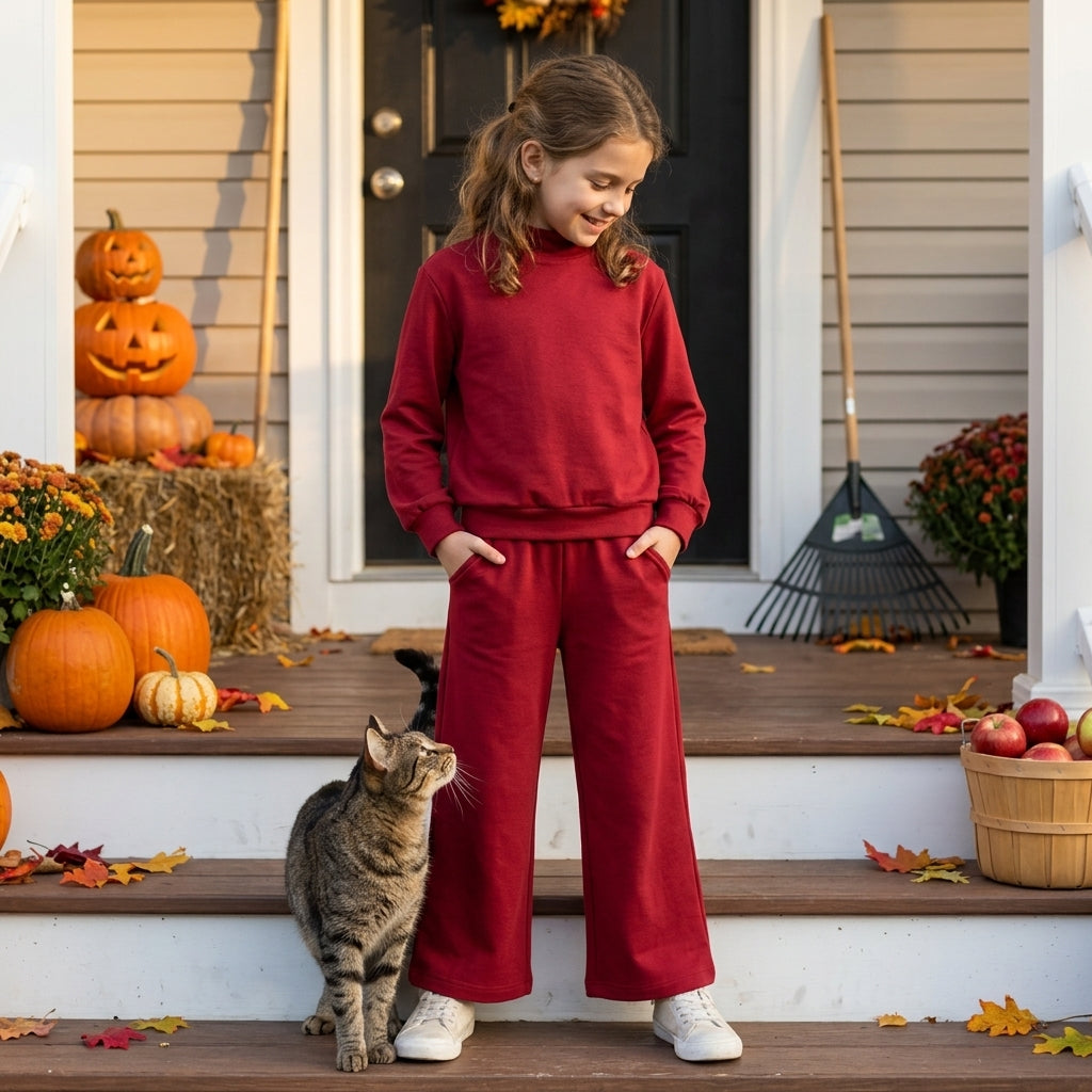 NO MOQ RTS GLP3413 Baby Girl Clothes Solid Burgundy Plain Print Long Sleeve Mock Neck Wide Leg Pant Set 202610