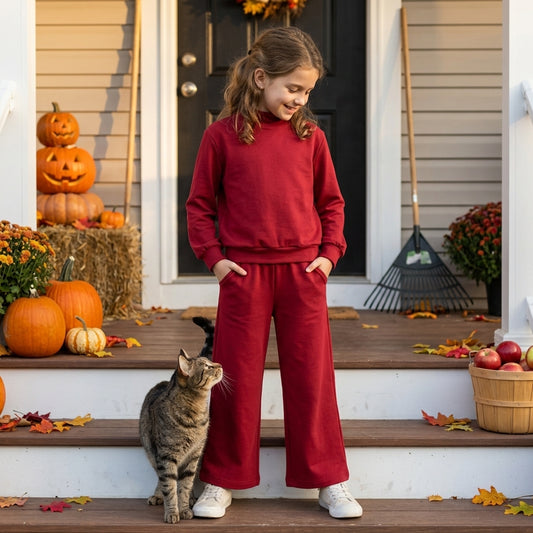 NO MOQ RTS GLP3413 Baby Girl Clothes Solid Burgundy Plain Print Long Sleeve Mock Neck Wide Leg Pant Set 202610