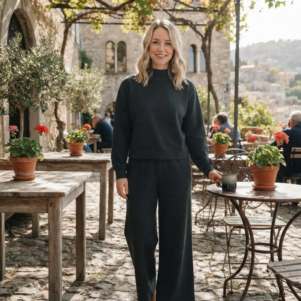 NO MOQ RTS GLP3416-women (2) Women Clothes Solid Black Plain Print Long Sleeve Mock Neck Top Wide Leg Pant Set 202609
