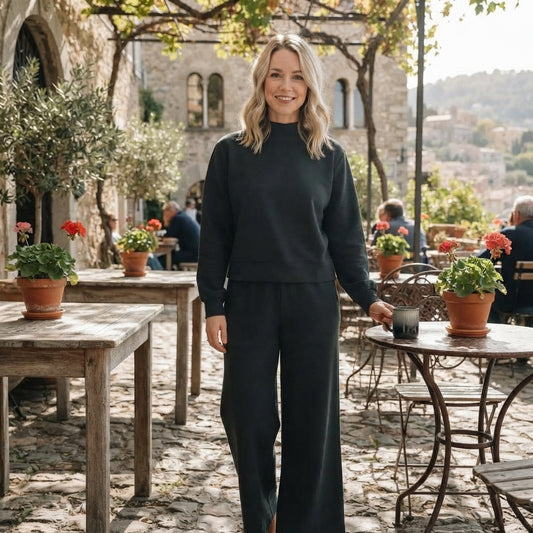 NO MOQ RTS GLP3416-women (2) Women Clothes Solid Black Plain Print Long Sleeve Mock Neck Top Wide Leg Pant Set 202609