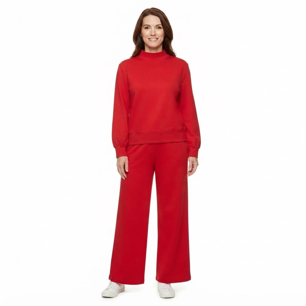NO MOQ RTS GLP3417 women Clothes Solid Red Plain Print Long Sleeve Mock Neck Top Cropped Pants Outfit Set 202609