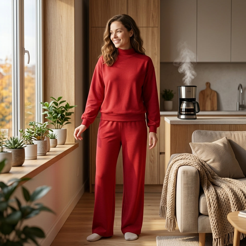 NO MOQ RTS GLP3418 women Clothes Solid Red Plain Print Long Sleeve Ruffle Mock Neck Wide Leg Pant Set 202610