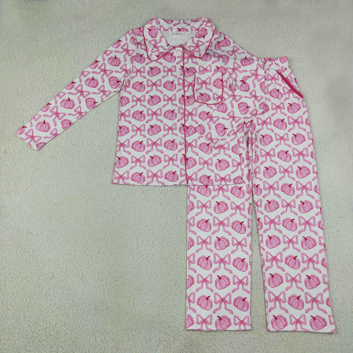NO MOQ RTS GLP3423-women Clothes Pink Pumpkin Bow Print Long Sleeve Collared Pajama Set 202609
