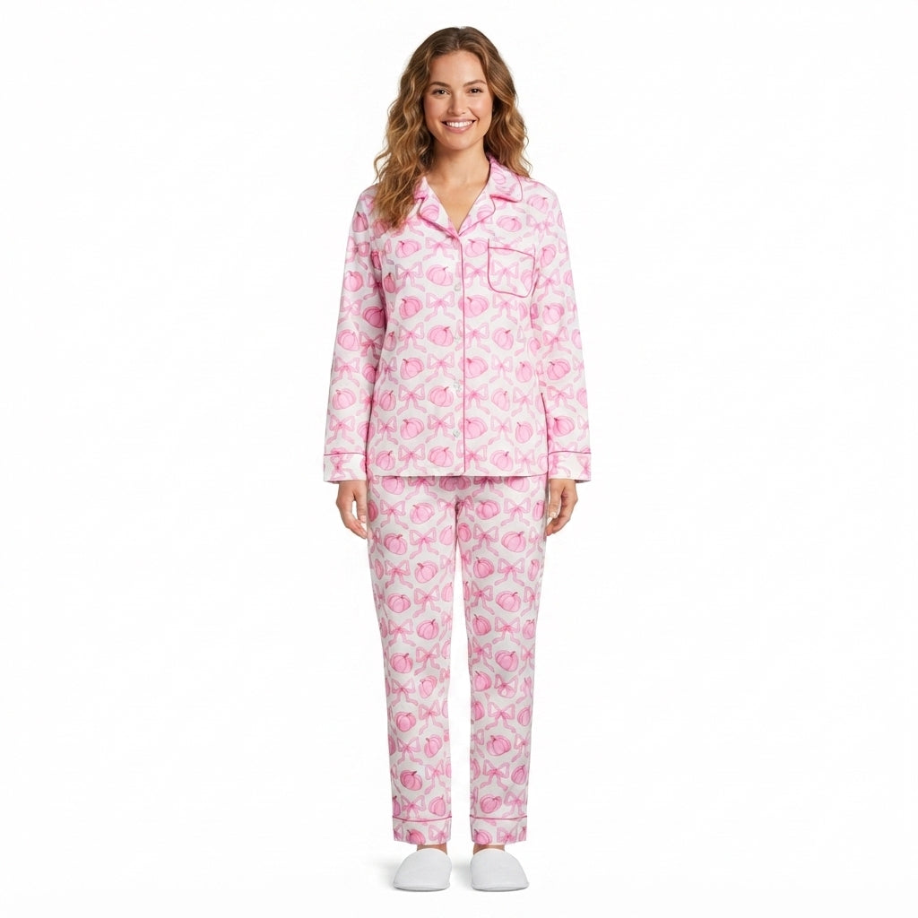 NO MOQ RTS GLP3423-women Clothes Pink Pumpkin Bow Print Long Sleeve Collared Pajama Set 202609