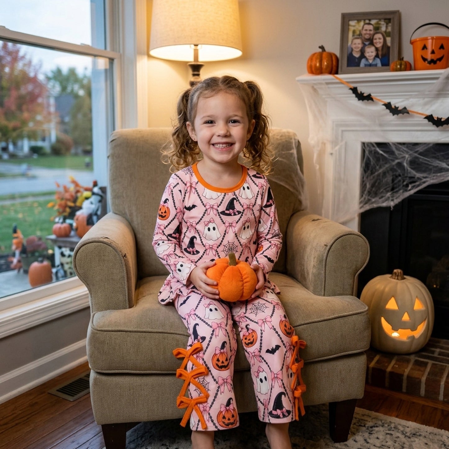 RTS GLP3434 scallop Kids Halloween Print Scalloped Trim Long Sleeve Pajama Set 202608